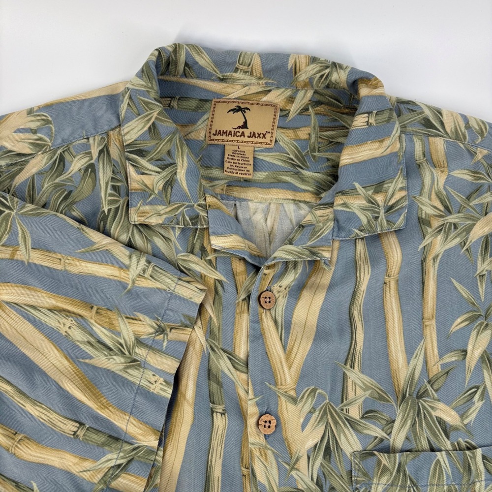 Jamaica Jaxx Mens Large Blue 100% Silk Bamboo Print Short Sleeve Camp Shirt L